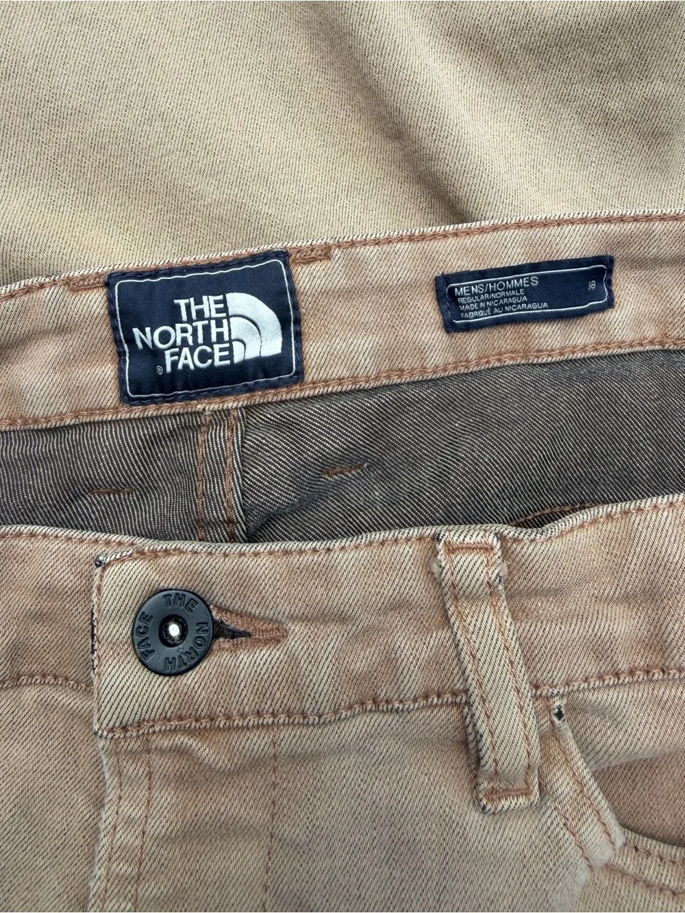 The North Face Mens 38x 31 Khaki Straight Leg Denim Hiking Work Pants Jeans P4